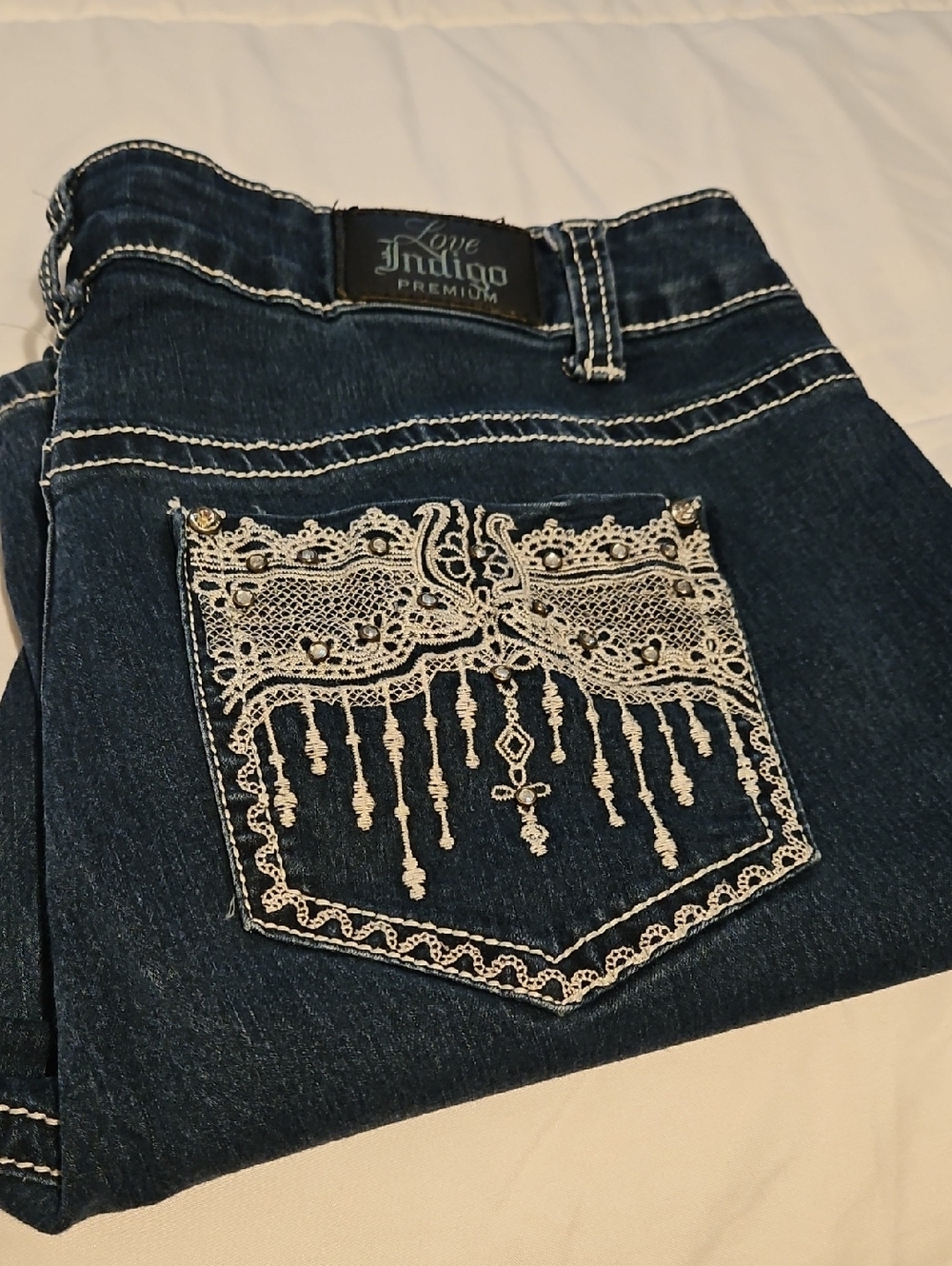 Love Indigo Dark Blue Bootcut Jeans with White Embroidered Pocket